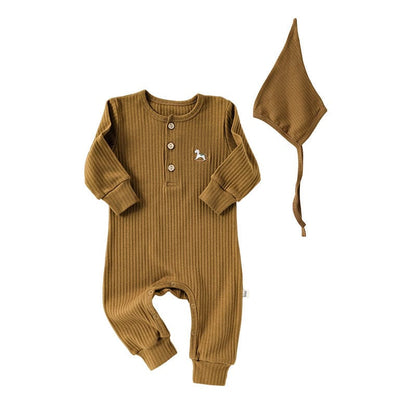 長袖ロンパース Yellow Brown / 66cm 木馬ワンポイントリブ長袖ロンパース【mh0010740】