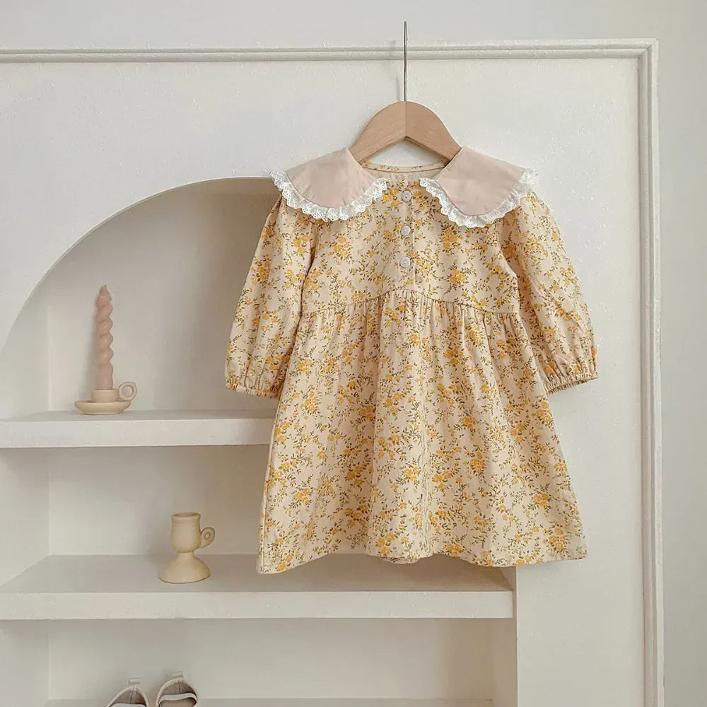 長袖ロンパース yellow floral dress / 90cm 1-2y ベビーロンパース/キッズワンピース フリル襟フラワープリント長袖ボディスーツ/ワンピース リンクコーデ 姉妹 お揃いコーデ 2カラー【mh0007496】