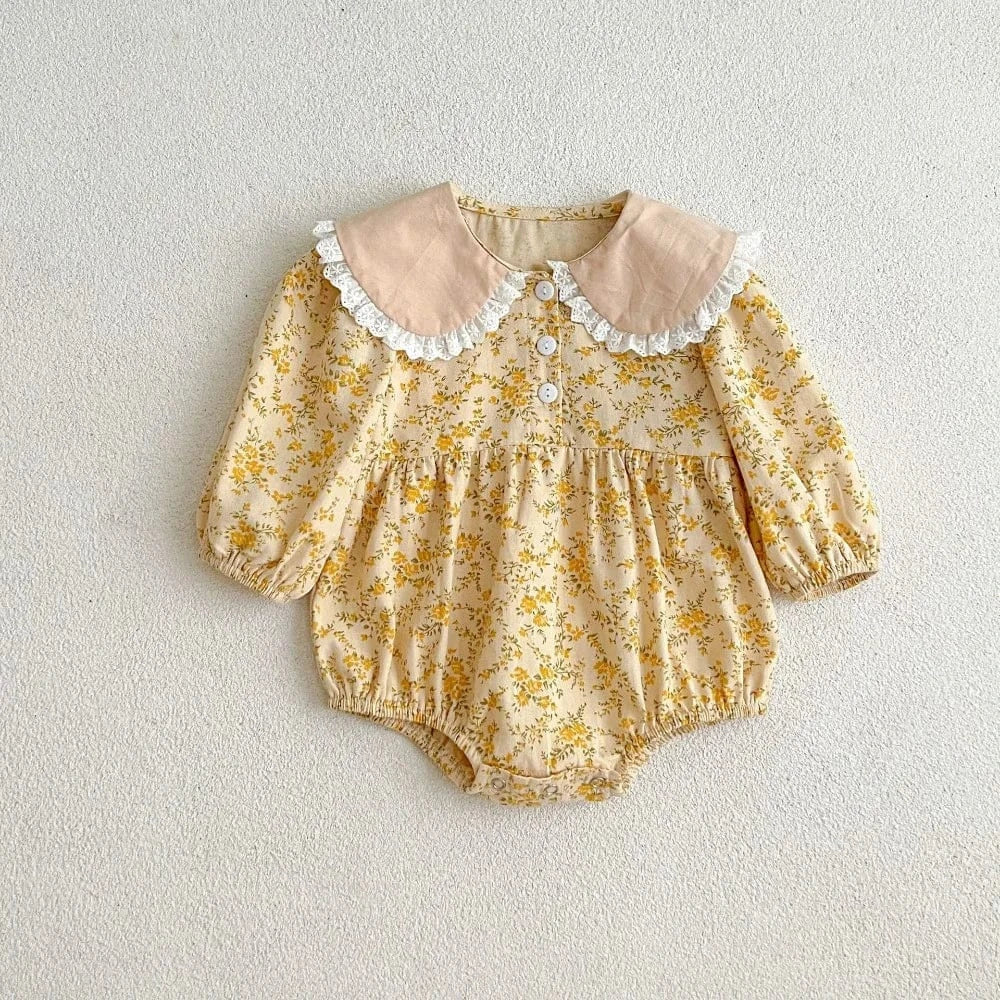 長袖ロンパース yellow floral romper / 66cm 0-6m ベビーロンパース/キッズワンピース フリル襟フラワープリント長袖ボディスーツ/ワンピース リンクコーデ 姉妹 お揃いコーデ 2カラー【mh0007496】