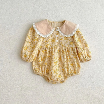 長袖ロンパース yellow floral romper / 66cm 0-6m ベビーロンパース/キッズワンピース フリル襟フラワープリント長袖ボディスーツ/ワンピース リンクコーデ 姉妹 お揃いコーデ 2カラー【mh0007496】