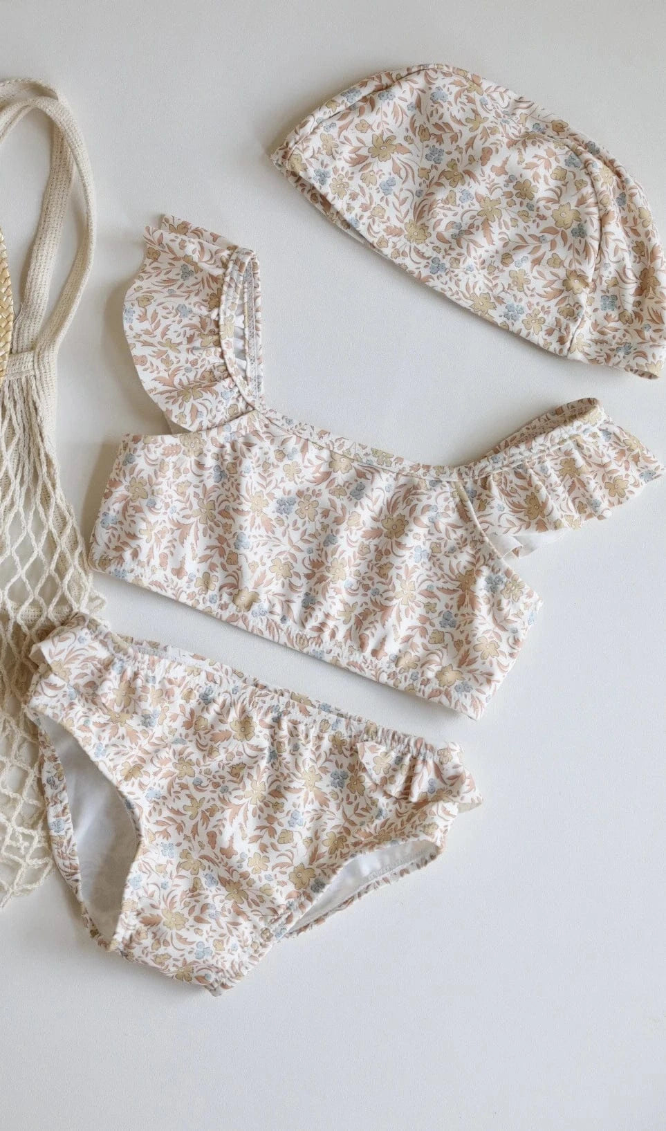 ベビー用水着 yellow floral set / 80cm キッズ水着 ガールズ ビキニ セパレート フリルトップス+パンツ+帽子セット フラワープリント 2カラー スイムウェア【mh0005995】