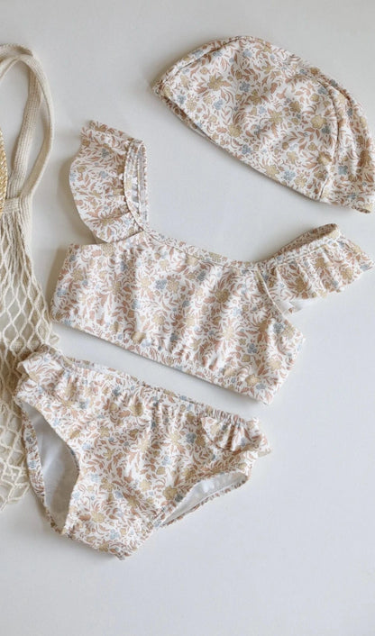 ベビー用水着 yellow floral set / 80cm キッズ水着 ガールズ ビキニ セパレート フリルトップス+パンツ+帽子セット フラワープリント 2カラー スイムウェア【mh0005995】