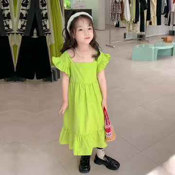 半袖ワンピース Yellow Green / 2T 90cm キッズワンピース ショルダーフリル バックオープン サマードレス 2カラー【mh0005833】