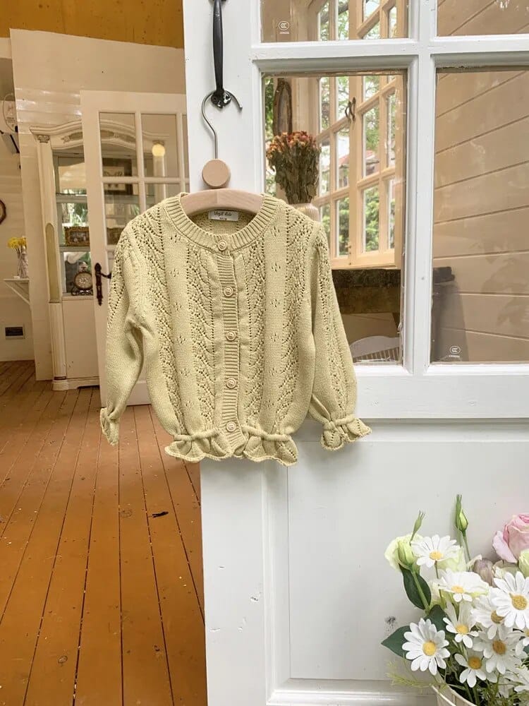 カーディガン・パーカー yellow green / 90cm キッズ カーディガン レースニット 長袖 アイボリー イエローグリーン 2カラー ガールズ 女の子 子供服