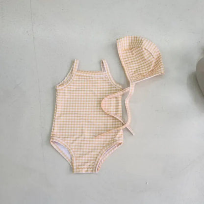 ベビー用水着 yellow plaid / 66cm ベビー水着 帽子セット キャミソールワンピース スイムウェア チェック/水玉ドット/フラワー花柄プリント 4カラー【mh0005116】