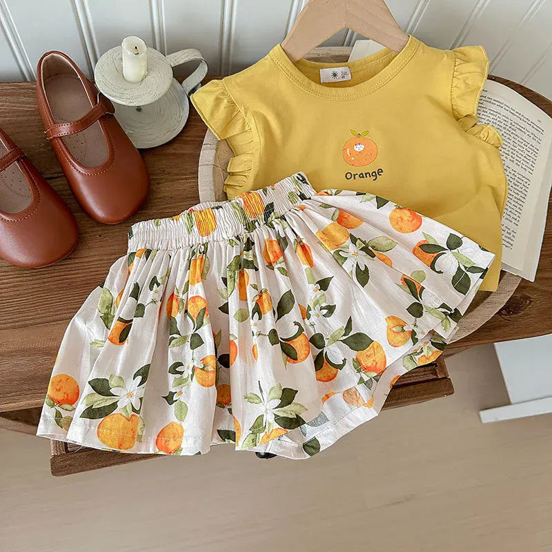 ノースリーブセットアップ yellow tops set / 2T  90cm キッズセットアップ 2点セット フリルスリーブTシャツ+フレアショートパンツ プリント柄