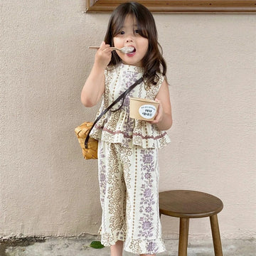 ノースリーブセットアップ Z Set / 3-4Y 100cm ☺︎ キッズセットアップ 2点セット ノースリーブチュニックブラウス+ワイドルーズ裾フリルパンツ ボヘミアン リゾートスタイル
