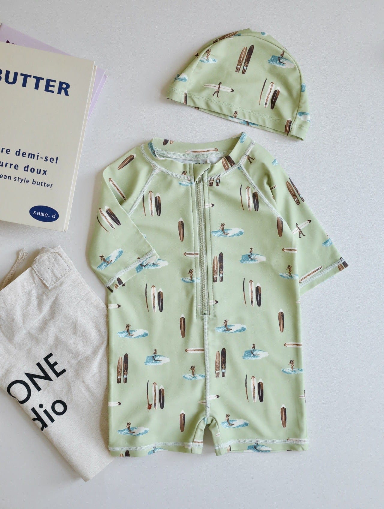 ベビー用水着 zip-up swimsuit green surf / 80 ボーイズ水着 半袖つなぎスイムウェア ラッシュガード【mh0009354】