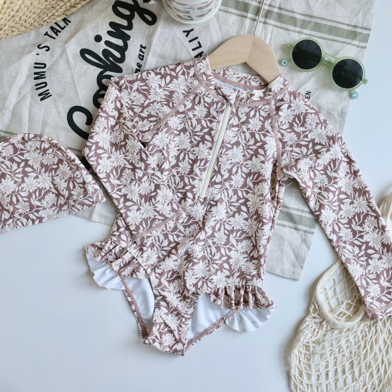 ベビー用水着 zipper swimsuit pear brown flower / 80 ガールズ水着 長袖ワンピーススイムウェア ラッシュガード【mh0009370】