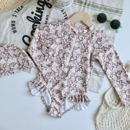 ベビー用水着 zipper swimsuit pear brown flower / 80 ガールズ水着 長袖ワンピーススイムウェア ラッシュガード【mh0009370】