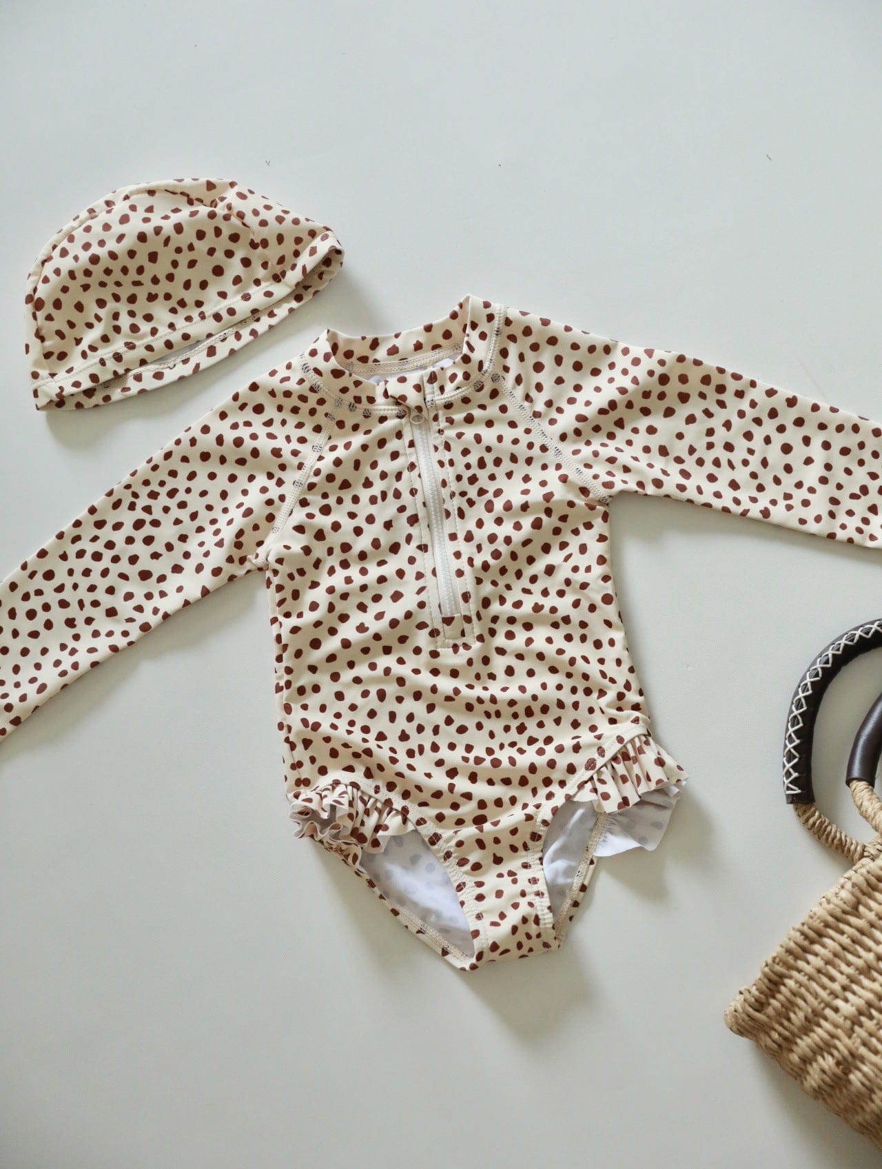 ベビー用水着 Zippered swimsuit with brown spots / 80 ガールズ水着 長袖ワンピーススイムウェア ラッシュガード【mh0009343】