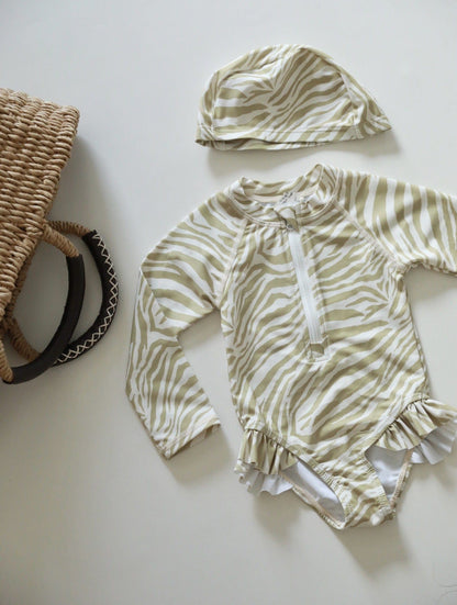 ベビー用水着 Zippered swimsuit with yellow and green stripes / 80 ガールズ水着 長袖ワンピーススイムウェア ラッシュガード【mh0009343】