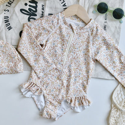 ベビー用水着 Zippered swimsuit yellow floral / 80 ガールズ水着 長袖ワンピーススイムウェア ラッシュガード【mh0009352】