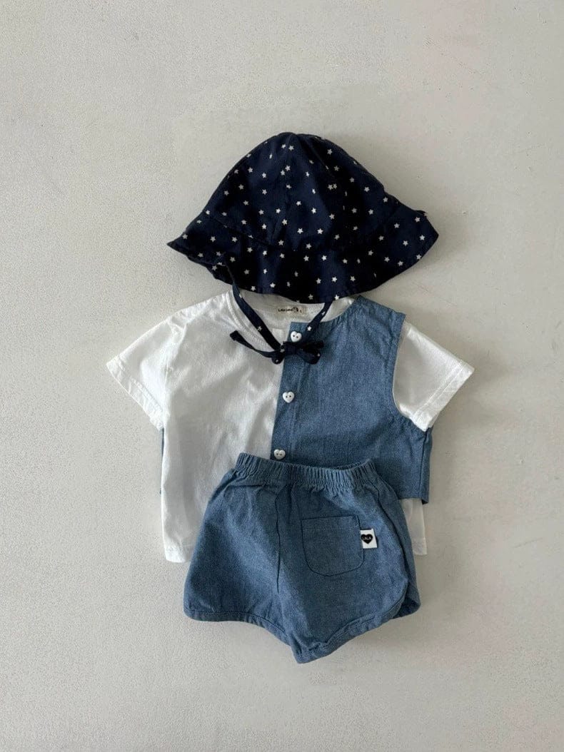 デニムノースリーブシャツ+ショートパンツセットアップ 2点セット【mh0010412】