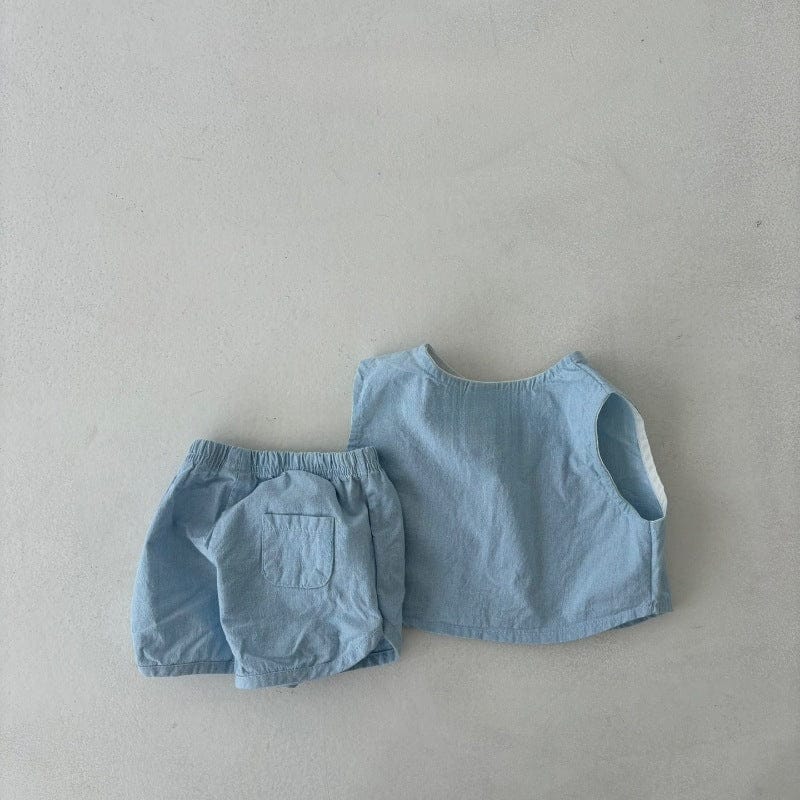 Light Blue / 73cm デニムノースリーブシャツ+ショートパンツセットアップ 2点セット【mh0010412】
