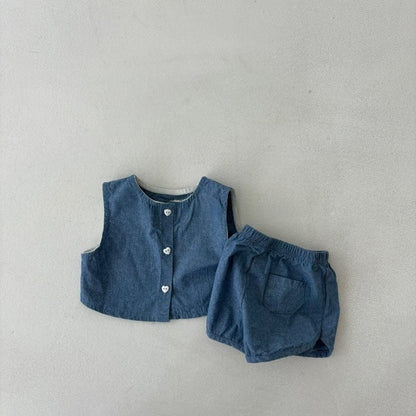 Navy Blue / 73cm デニムノースリーブシャツ+ショートパンツセットアップ 2点セット【mh0010412】