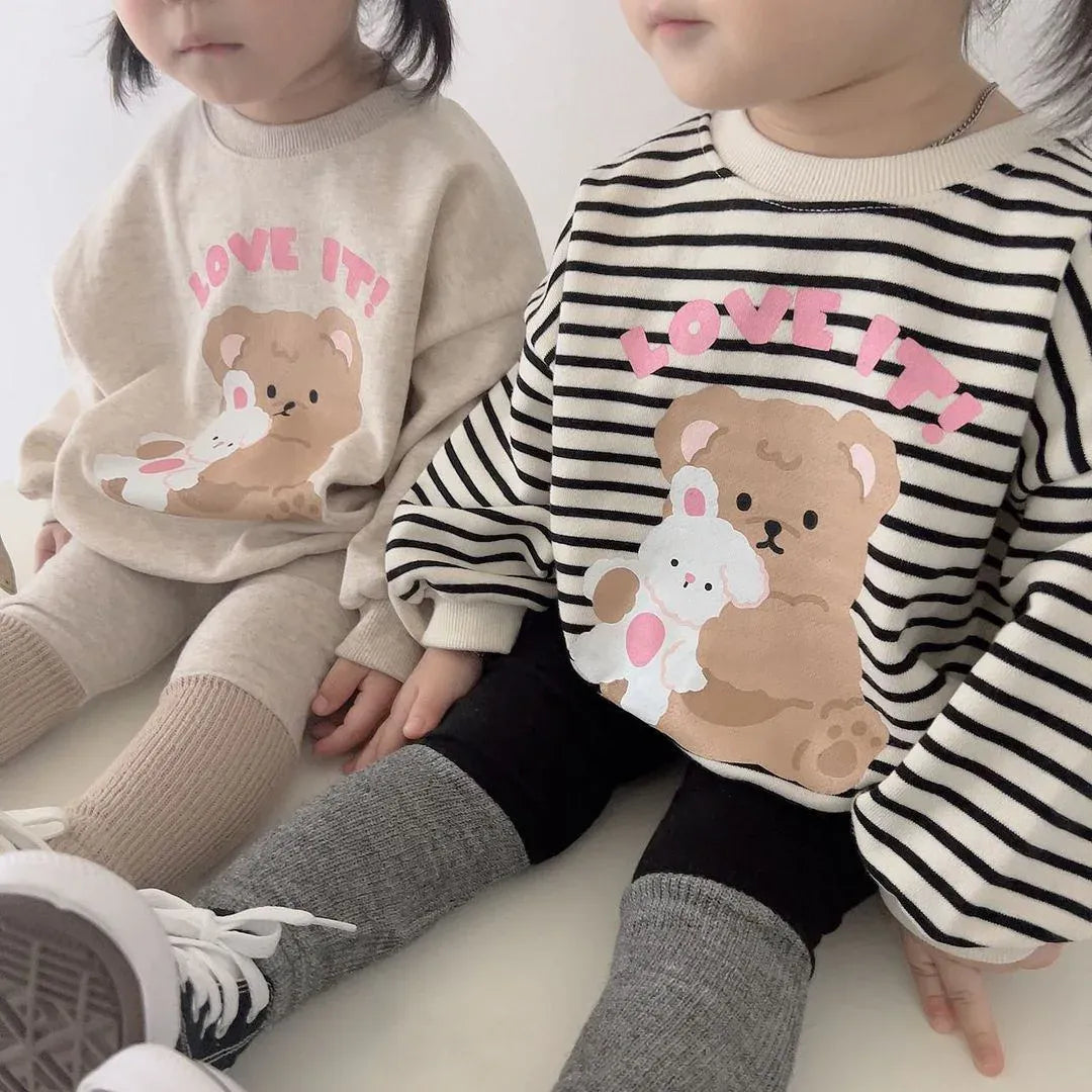 長袖Tシャツ ベビートップス 長袖スウェットシャツ ベアくまプリント 無地/ボーダー