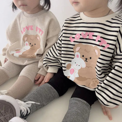 長袖Tシャツ ベビートップス 長袖スウェットシャツ ベアくまプリント 無地/ボーダー