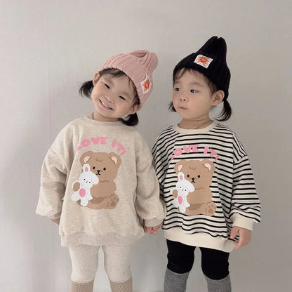 長袖Tシャツ ベビートップス 長袖スウェットシャツ ベアくまプリント 無地/ボーダー