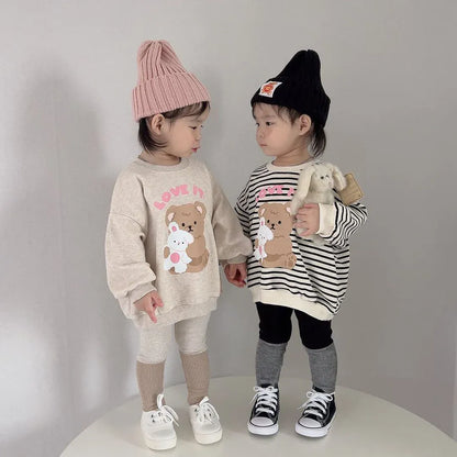 長袖Tシャツ ベビートップス 長袖スウェットシャツ ベアくまプリント 無地/ボーダー