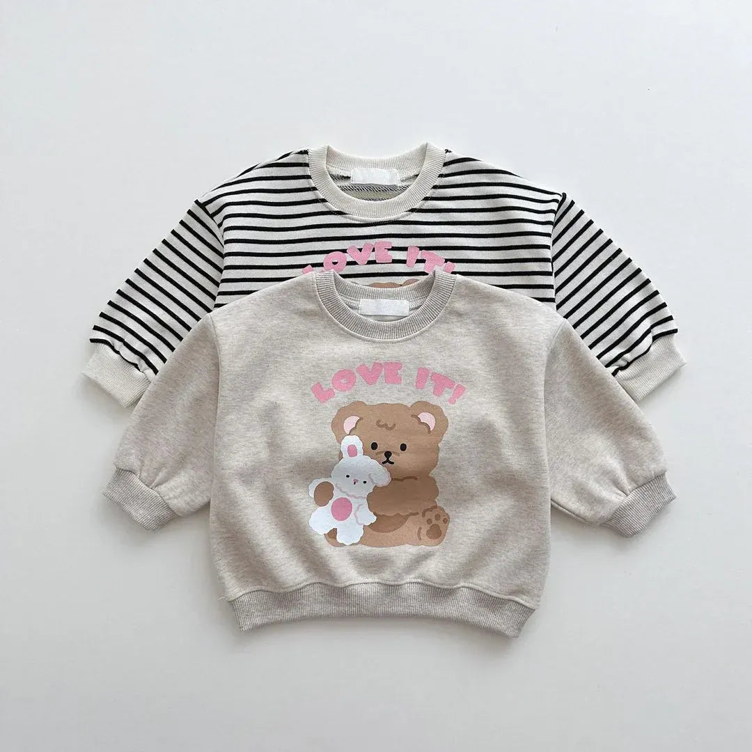 長袖Tシャツ ベビートップス 長袖スウェットシャツ ベアくまプリント 無地/ボーダー