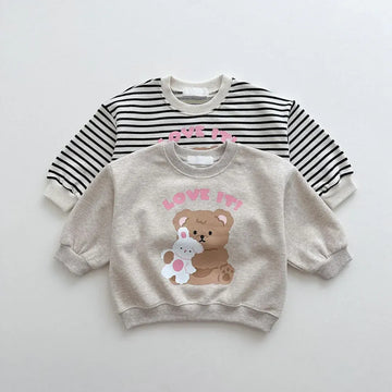 長袖Tシャツ ベビートップス 長袖スウェットシャツ ベアくまプリント 無地/ボーダー