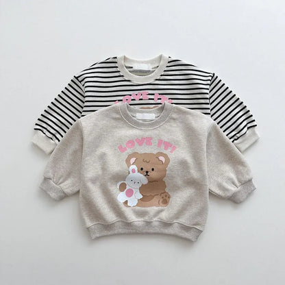長袖Tシャツ ベビートップス 長袖スウェットシャツ ベアくまプリント 無地/ボーダー