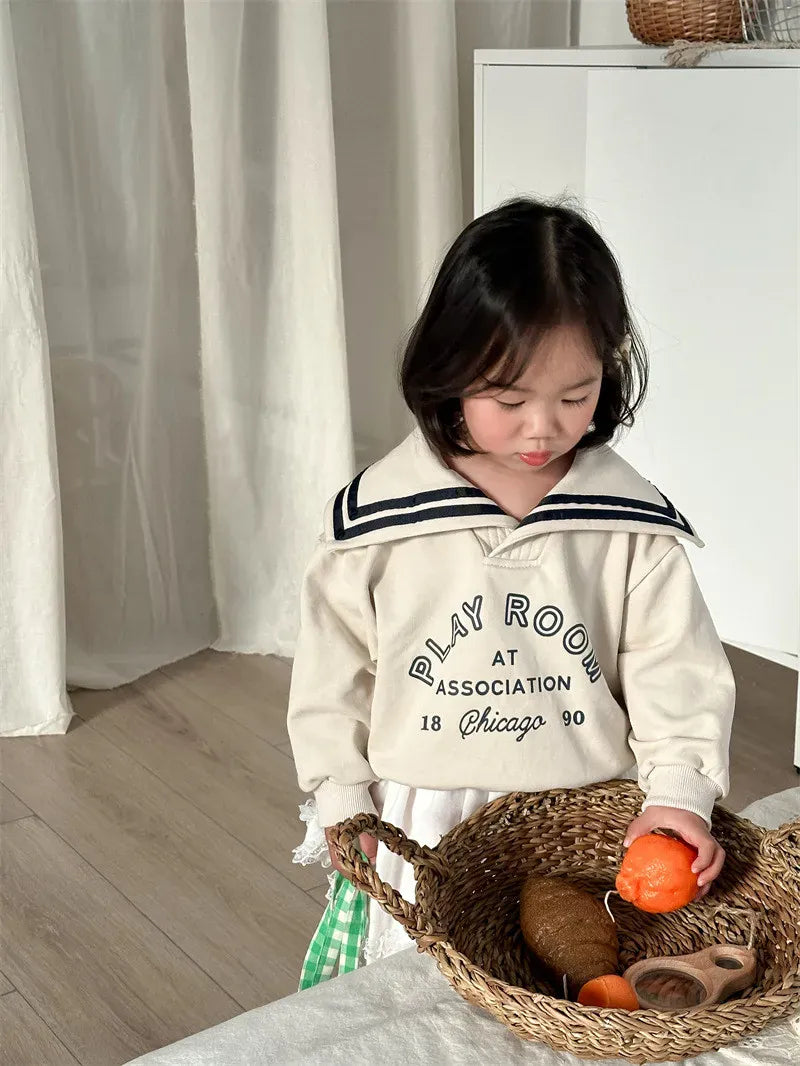 長袖Tシャツ キッズトップス セーラーカラー 長袖スウェットシャツ レターロゴプリント ベージュ/ネイビー/2カラー