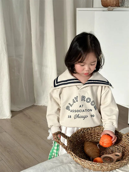 長袖Tシャツ キッズトップス セーラーカラー 長袖スウェットシャツ レターロゴプリント ベージュ/ネイビー/2カラー
