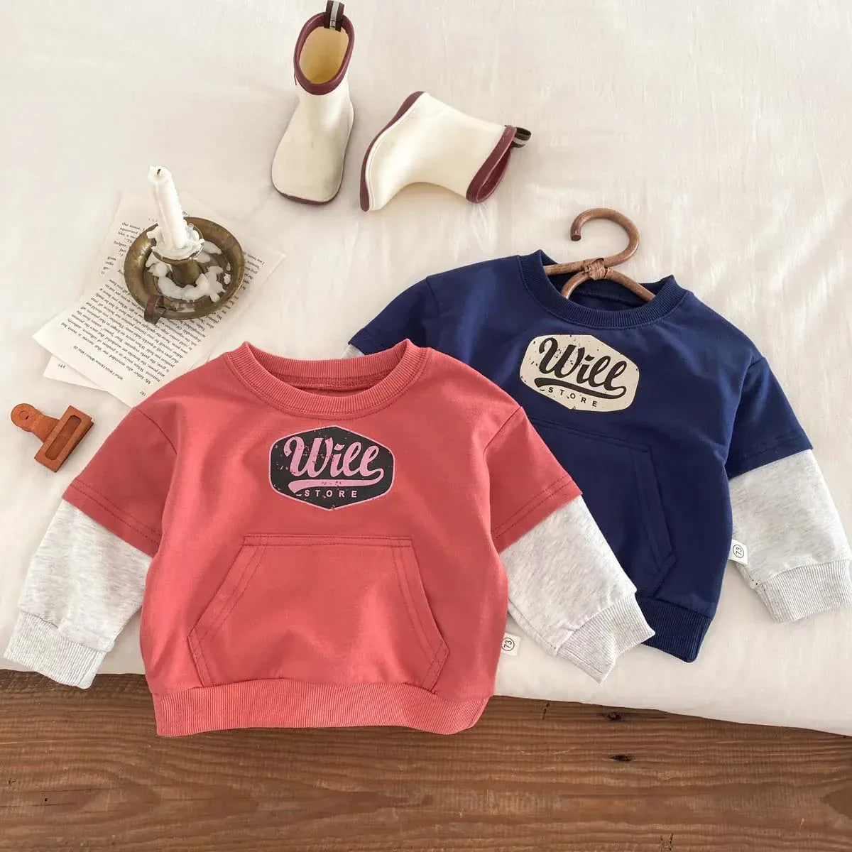 長袖Tシャツ ベビートップス ドッキング 長袖スウェットシャツ レターロゴプリント オレンジ/ブルー/2カラー