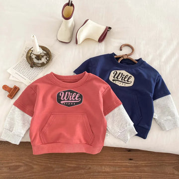 長袖Tシャツ ベビートップス ドッキング 長袖スウェットシャツ レターロゴプリント オレンジ/ブルー/2カラー