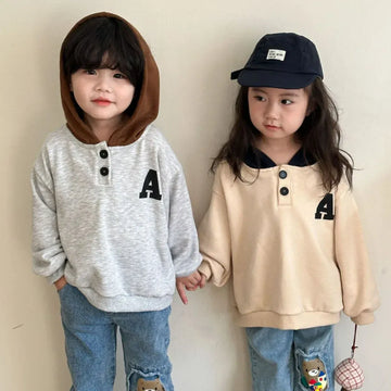 長袖Tシャツ キッズトップス フーディ袖スウェットシャツ アルファベットワンポイント アプリコット/グレー/2カラー