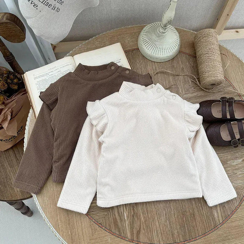 長袖Tシャツ ベビートップス フリルショルダー ニット長袖カットソー ベージュ コーヒー 2カラー