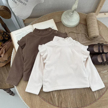 長袖Tシャツ ベビートップス フリルショルダー ニット長袖カットソー ベージュ コーヒー 2カラー