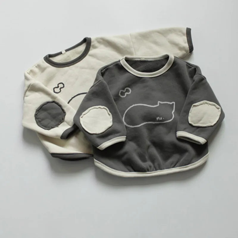 長袖Tシャツ キッズスウェットシャツ 裏起毛 ねこ 猫プリント パッチワーク スウェットトップス 2カラー ユニセックス 男の子 女の子 子供服