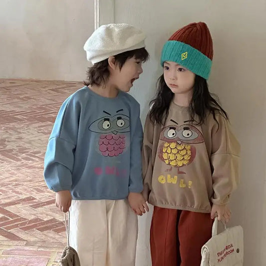 長袖Tシャツ キッズトップス 長袖フクロウプリントスウェットシャツトレーナー 3カラー