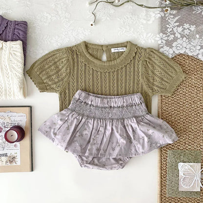 半袖Tシャツ ベビーキッズトップス レースニット フリル襟 半袖サマーセーター 3カラー