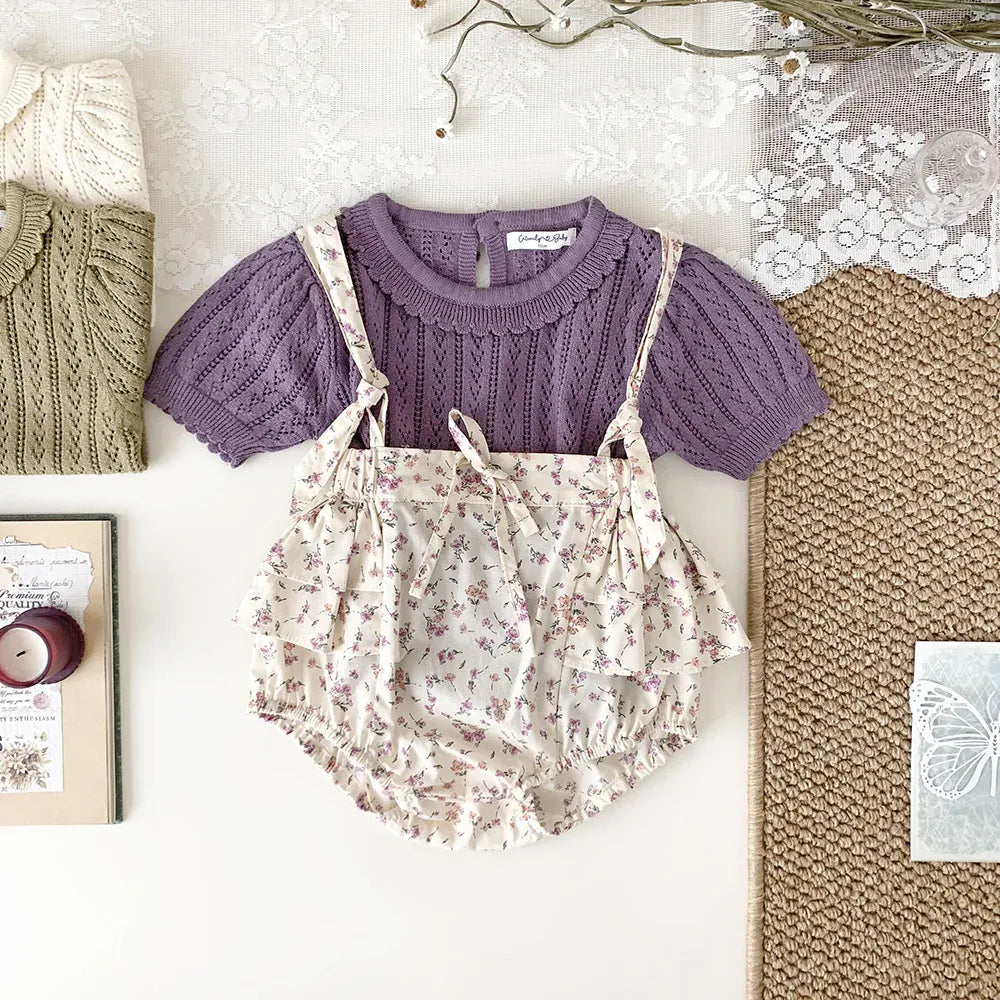 半袖Tシャツ ベビーキッズトップス レースニット フリル襟 半袖サマーセーター 3カラー