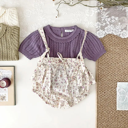 半袖Tシャツ ベビーキッズトップス レースニット フリル襟 半袖サマーセーター 3カラー