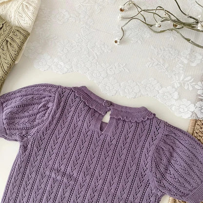 半袖Tシャツ ベビーキッズトップス レースニット フリル襟 半袖サマーセーター 3カラー