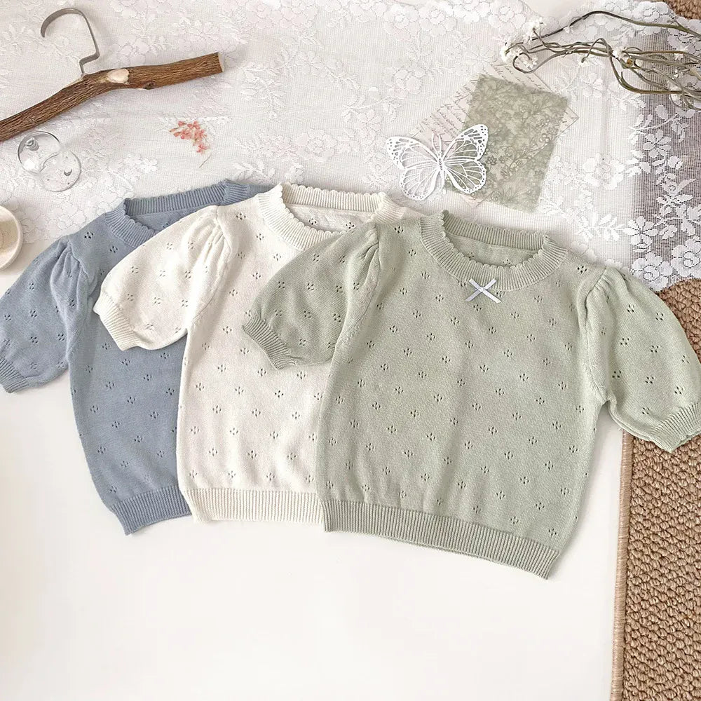 半袖Tシャツ ベビーキッズトップス レースニット 半袖パフスリーブ サマーセーター リボン 3カラー