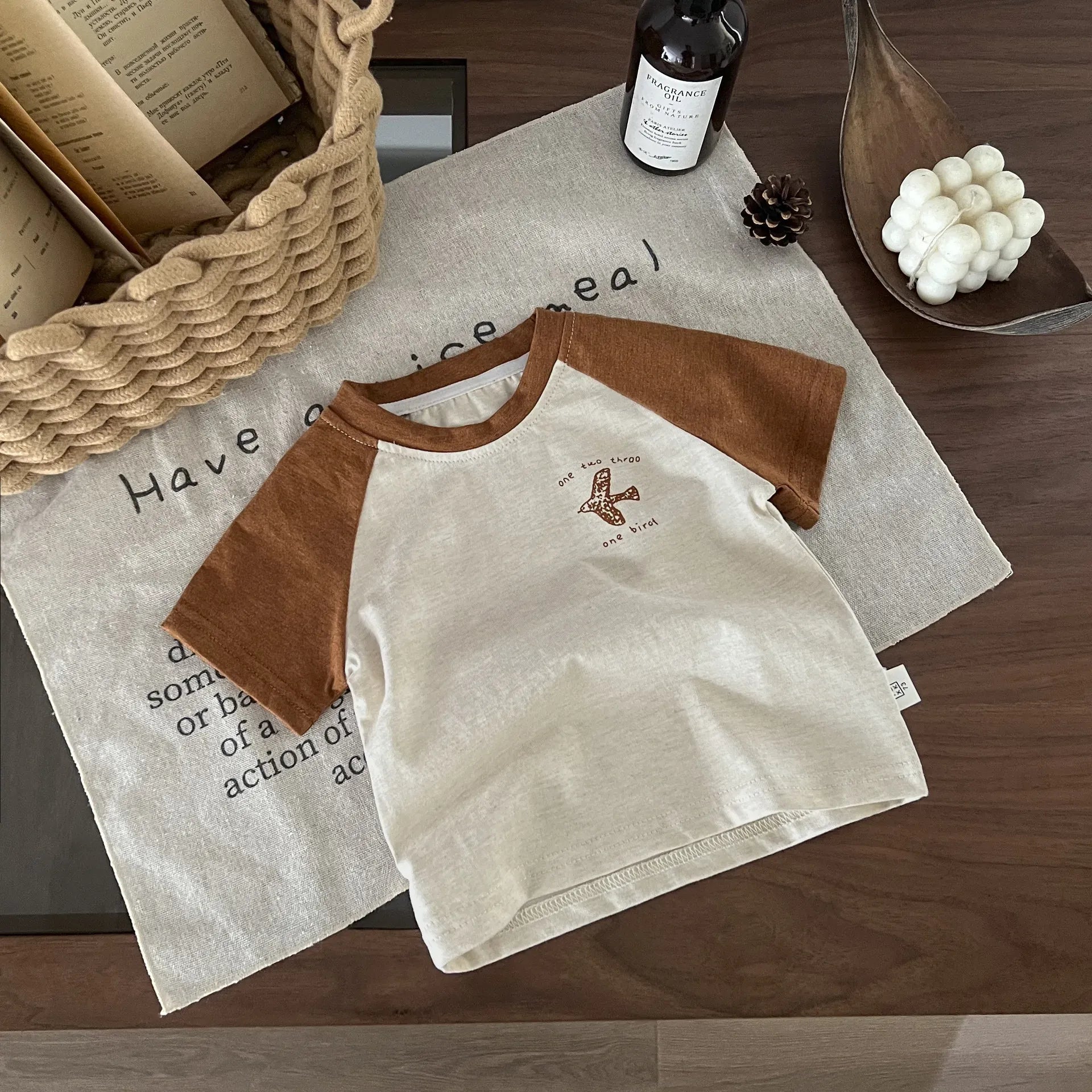 半袖Tシャツ Apricot / 12M  80CM ベビーキッズトップス 半袖Tシャツ ラグラン パッチワーク レトロ 3カラー【mh0006213】