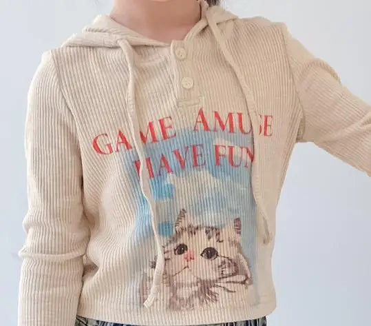 長袖Tシャツ apricot / 2T  90cm キッズトップス フーディ長袖Tシャツ リブ ねこキャットプリント アプリコット