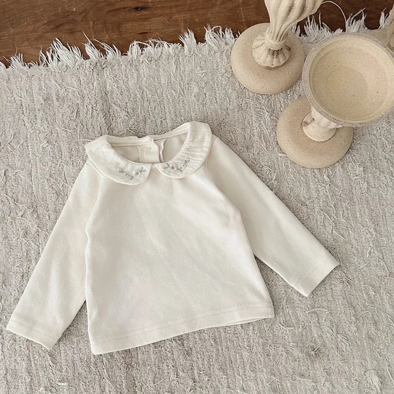 長袖Tシャツ Apricot / 6M  66cm ベビートップス フラワー刺繍丸襟長袖Tシャツブラウス 2カラー【mh0006702】