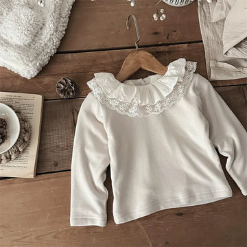 長袖Tシャツ Apricot / 80cm 12M ベビートップス レースフリルダブルラッフル襟長袖Tシャツブラウス【mh0008013】