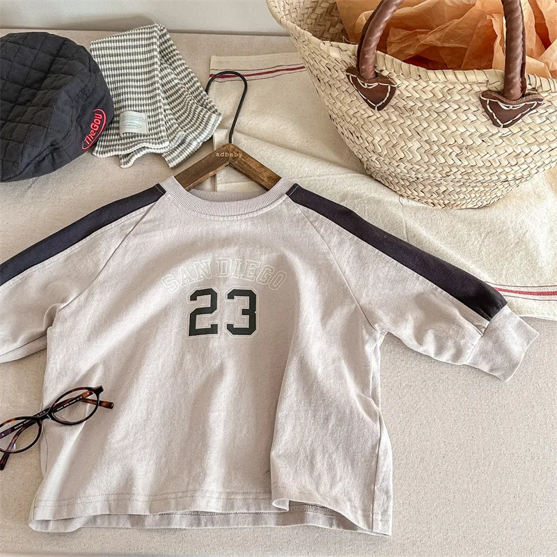 長袖Tシャツ apricot / 80cm キッズトップス 長袖Tシャツ パッチワーク ラグランスリーブ アプリコット/ピンク/2カラー