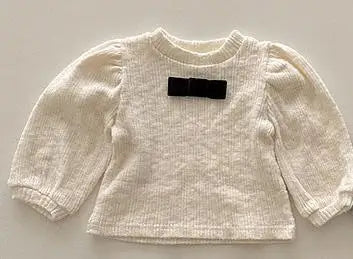 長袖Tシャツ apricot / 9M  73cm ベビートップス 長袖パフスリーブTシャツ リボン ブラック/アプリコット/2カラー