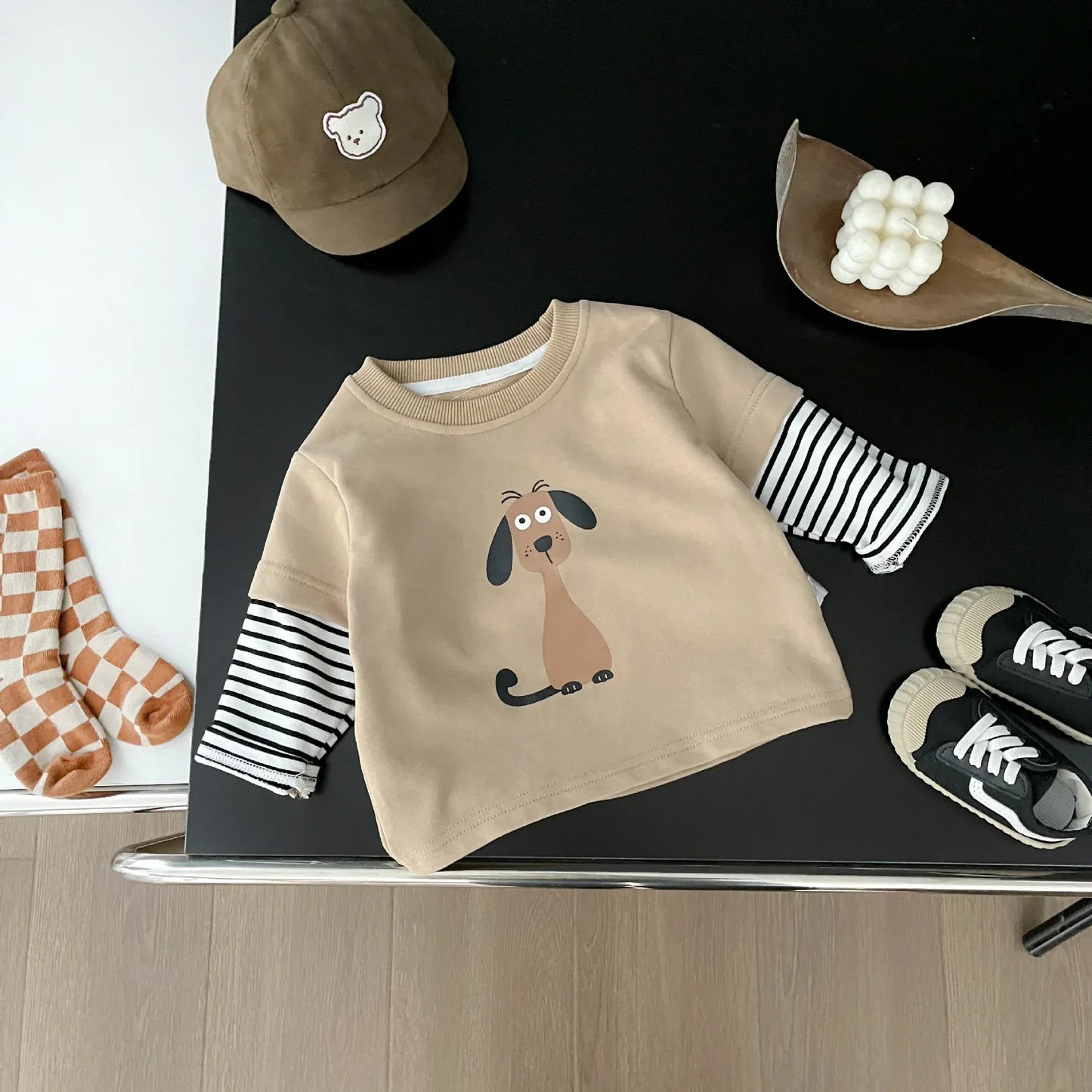 長袖Tシャツ Apricot / 9M  73CM ベビーキッズトップス ボーダー袖ドッキング犬ドッグプリント長袖Tシャツ【mh0007738】