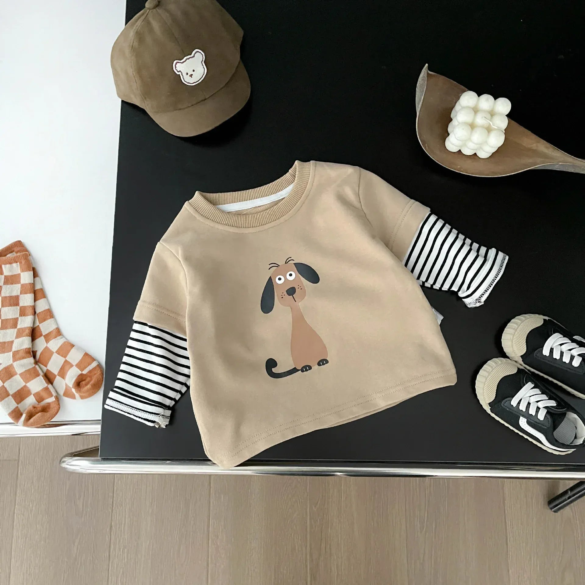 長袖Tシャツ Apricot / 9M  73CM ベビーキッズトップス ボーダー袖ドッキング犬ドッグプリント長袖Tシャツ【mh0007738】