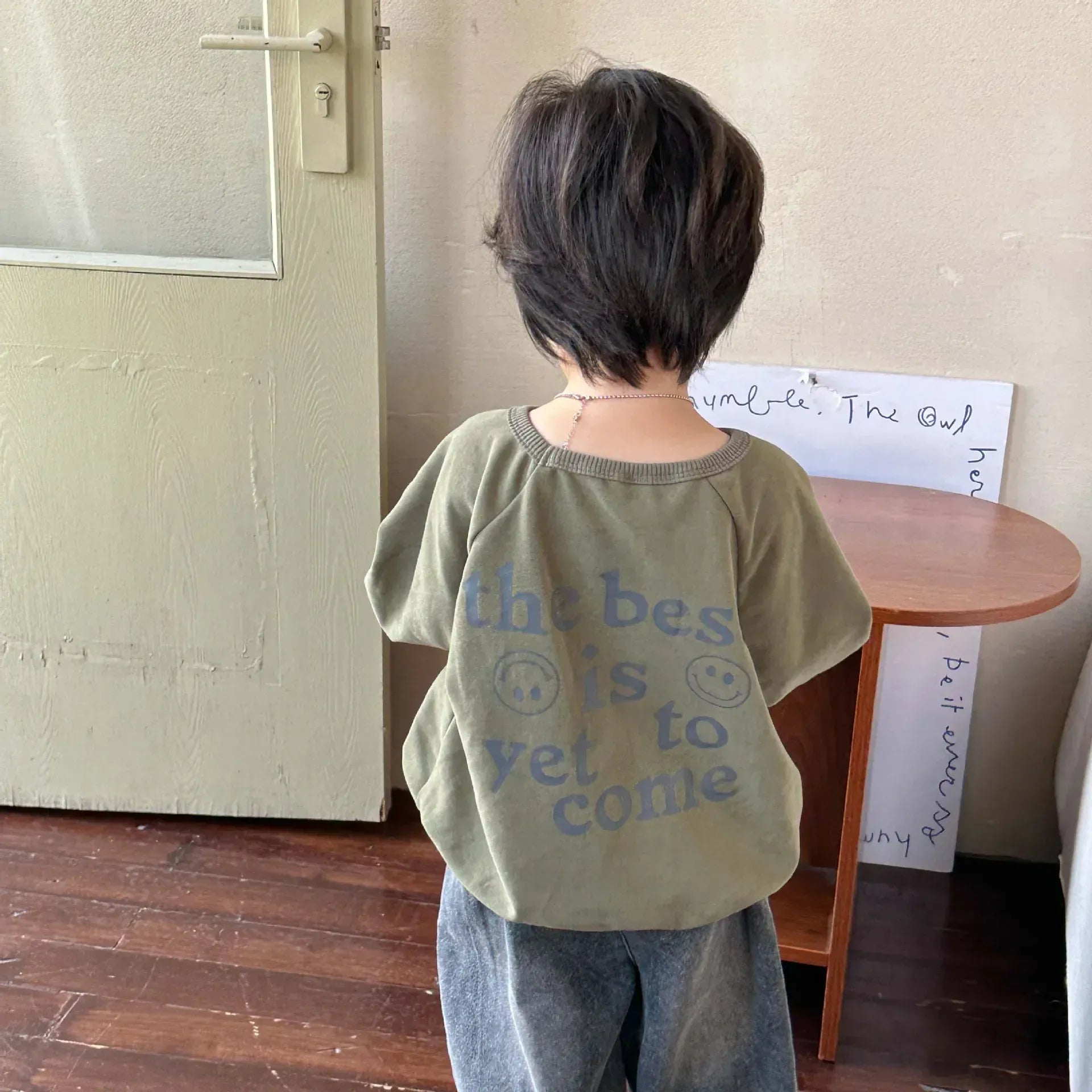 長袖Tシャツ army green / 80cm キッズトップス 長袖Tシャツ バックプリント スマイル レターロゴ